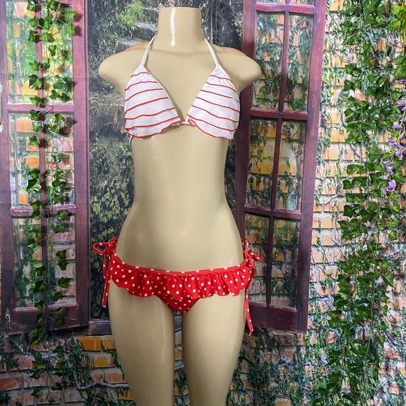 Zafil polka dot orange red/white bikini set Sz L - Picture 3 of 9